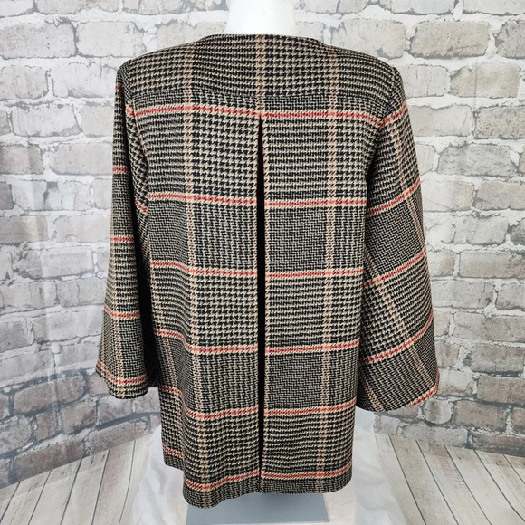 Halogen x Atlantic Pacific Glen Plaid Pea Coat Bell Sleeve Tan/Black Size Medium - Picture 7 of 15